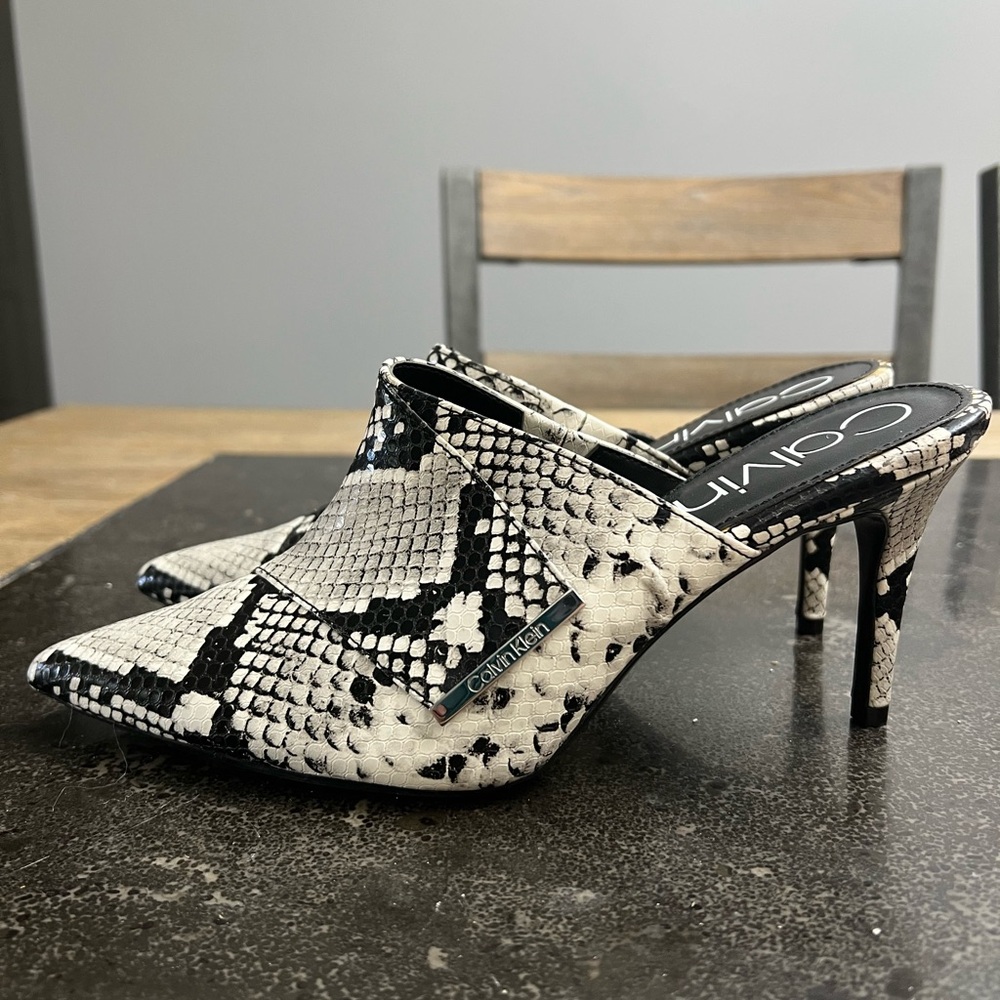 Calvin Klein Snakeskin Mules - Black and White